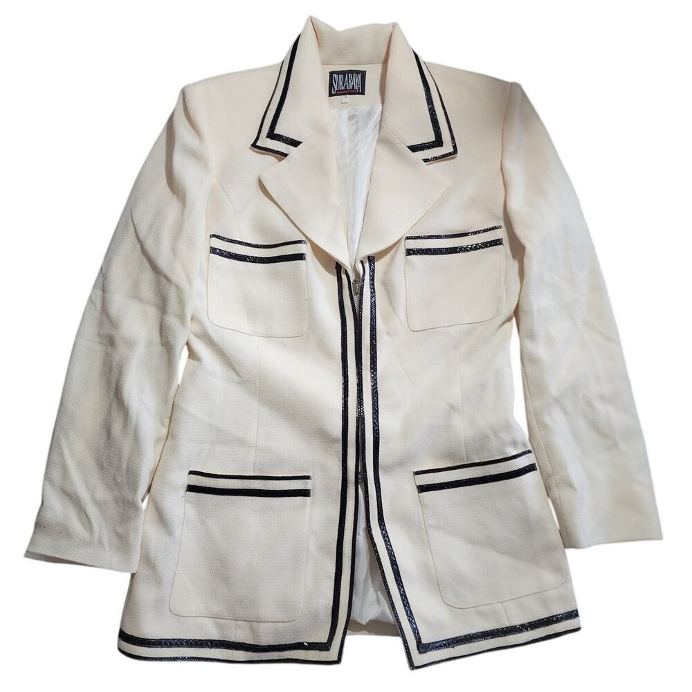 Surabaya Off White Laine Wool Shoulder Pads 4 pockets Blazer Jacket Size 2